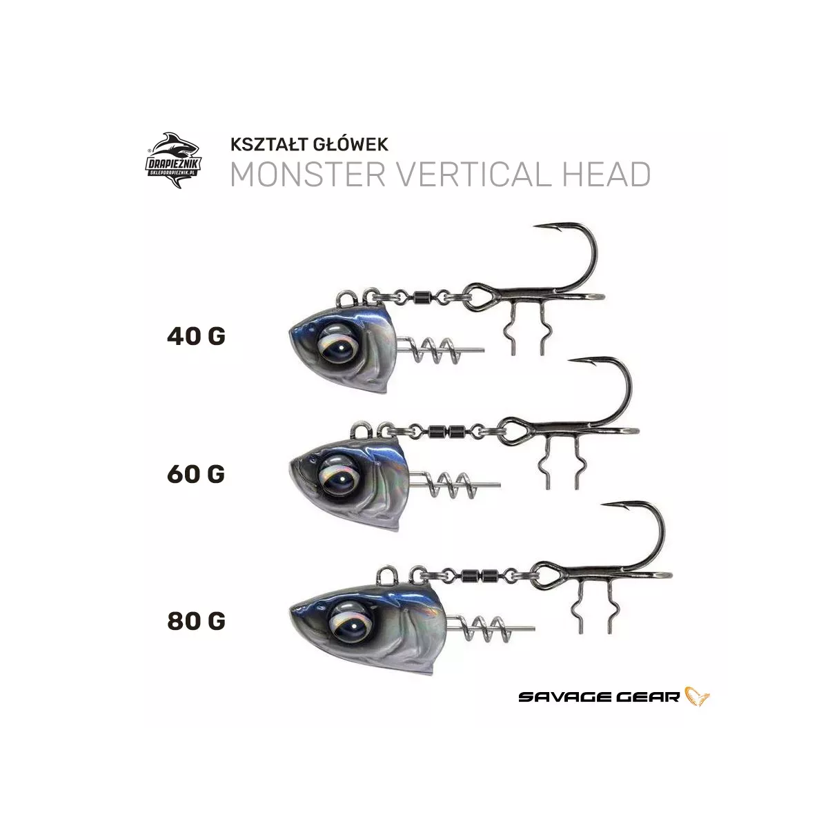 Główka Savage Gear Monster Vertical Head - kształty i wagi