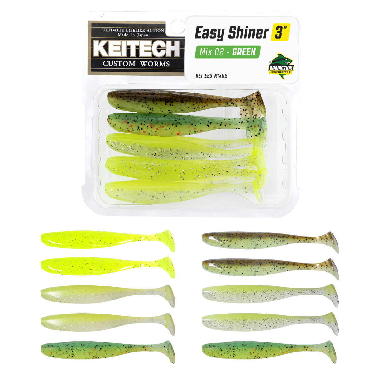 Zestaw gum Keitech Easy Shiner 3'' 7.6cm - MIX 02 - GREEN