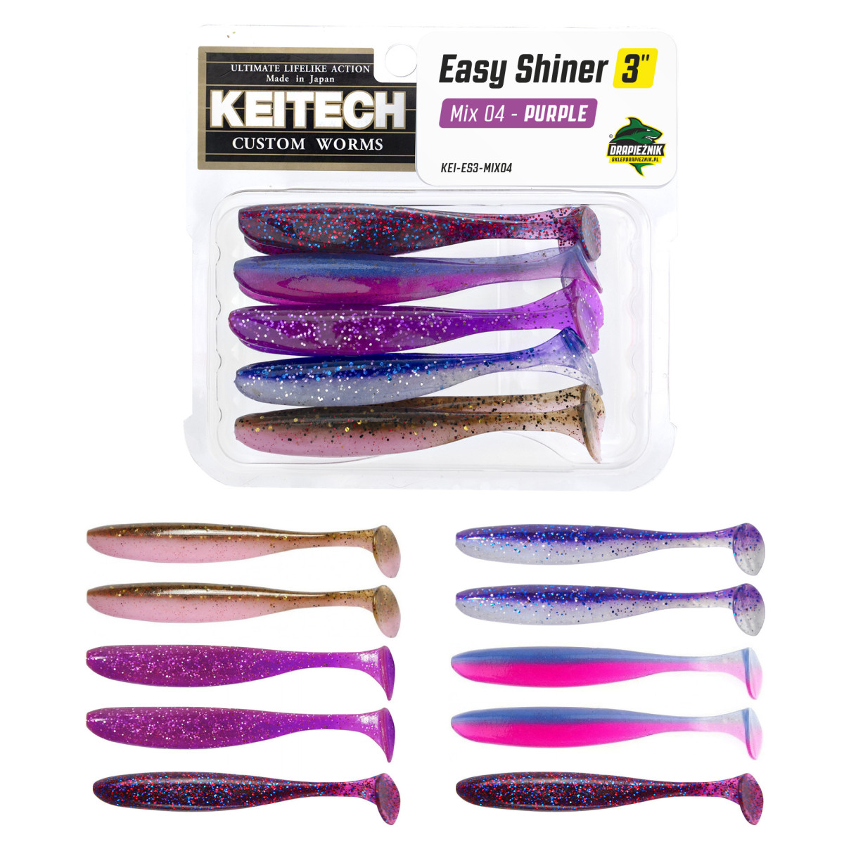 Zestaw gum Keitech Easy Shiner 3'' 7.6cm - MIX 04 - PURPLE