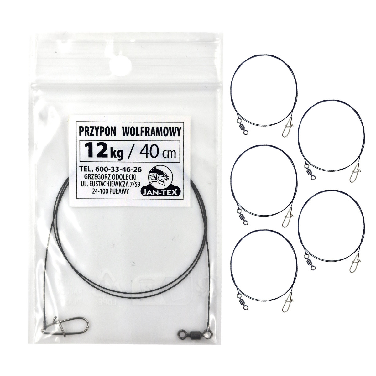 OD-P12-40 Przypony wolframowe Jan-Tex - 40cm/12kg (5 SZTUK)