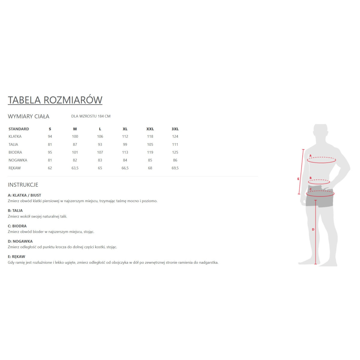 Bielizna termoaktywna Westin Thermal Tech Baselayer Set - tabela rozmiarów
