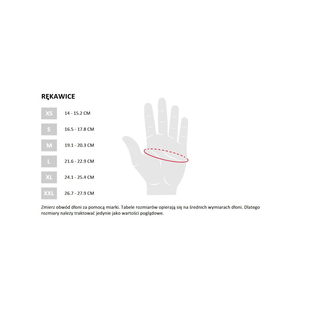 Rękawice wędkarskie Westin HLF TEC Gloves - tabela rozmiarów