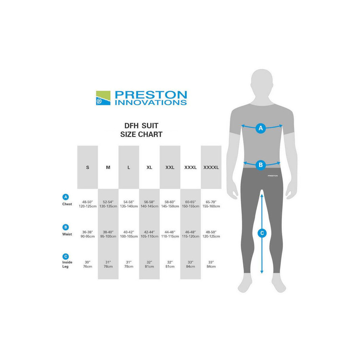 Komplet Preston DFH Suit 2025 - tabela rozmiarów